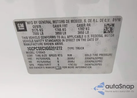 2016 Chevrolet Silverado 1500 1Lz из США, поврежденный, VIN 3GCPCSEC3GG201272